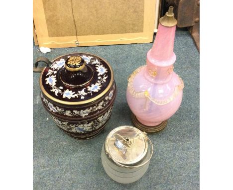 A coloured glass barrel together with a pink lamp etc. Est. £30 - £40.