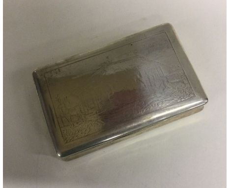 A large Victorian silver snuff box of curved form decorated with a farming scene. Approx. 66 grams. Est. £80 - £120.