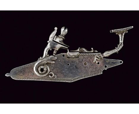 dating: second quarter of the 17th Century provenance: Brescia, Flat lock plate with cusped borders and with lobe at the tang