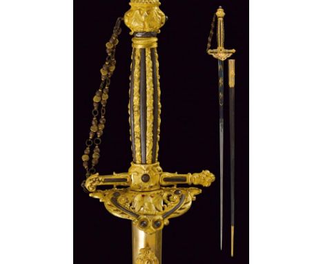 dating: about 1860 provenance: France, Triangular sword, engraved and gilded at the first part with trophies and floral motif