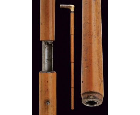dating: Third quarter of the 19th Century provenance: France, Round, wooden covering, 11 mm cal. barrel; angled deer-horn gri