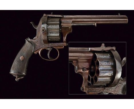 dating: about 1870 provenance: Belgium, Round, rifled, 11 mm cal. barrel with high rib and foresight; grooved ten-shot cylind