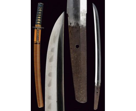 dating: about 1860 provenance: Japan, Nagasa (38.3 cm) with hamon (gunome, kaninotsume) and hada clearly visible, brass habak