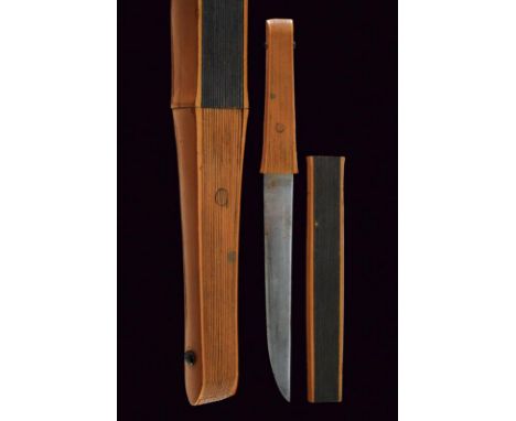 dating: circa 1880 - 1890 provenance: Japan, Single-edged blade. Wooden scabbard and hilt, carved and lacquered depicting a c