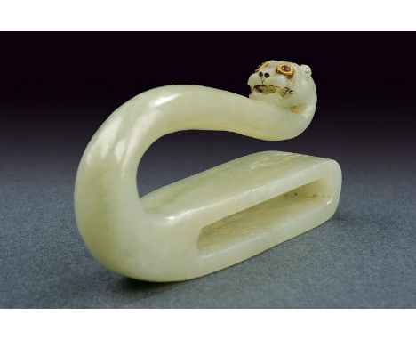 dating: 18th Century provenance: China, Chiselled in one jade block, hook ending in a dragon's head with ruby eyes with golde