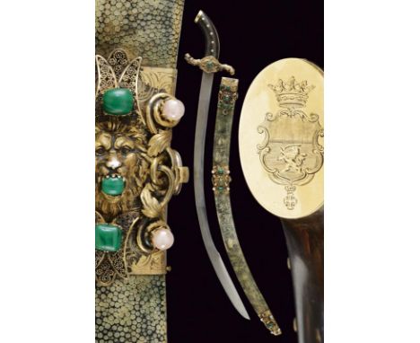 dating: 19th Century provenance: Hungary, Flat, curved, single-and-false edged blade made of fine damask. Silver hilt, vermei