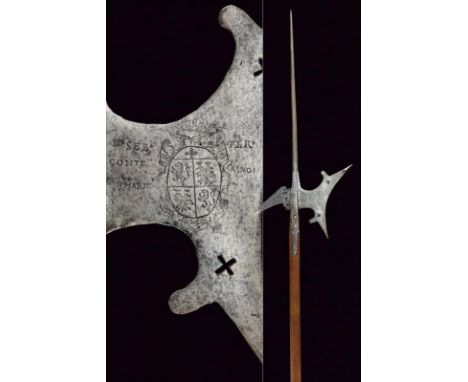dating: 16th Century provenance: Italy, Long cusp of lozenge section, hollow-edged axe, reinforced upper tip, double pierced 
