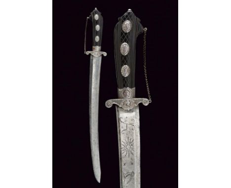 dating: 18th Century provenance: Germany, Wide, slightly-curved, single-and false-edged blade with thin groove along the back
