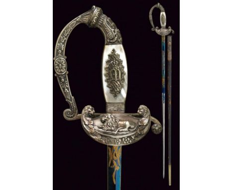 dating: mid-19th Century provenance: Bavaria, Straight, double-edged blade of hexagonal section, engraved and gilt with troph