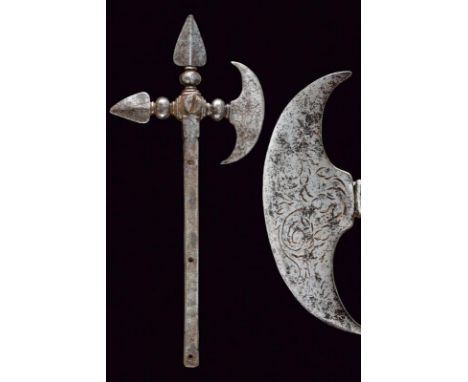 dating: 17th Century provenance: Italy, Made of iron with crescent axe, hammer and leaf cusp, all three placed on a flattened