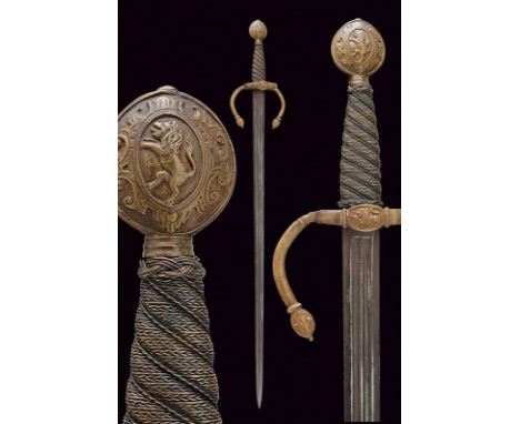 dating: 19th Century provenance: Europe, Straight blade with two converging edges, double fuller. Brass hilt with long quillo