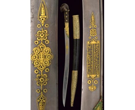 dating: 1814 provenance: Turkey, Curved, single-edged blade with wide fuller, decorated with cartouches with gilt-inlaid koft