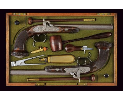 dating: 1836 provenance: Paris, Rifled, octagonal, 13 mm cal. barrels, in very fine damask, signed in silver 'Devisme breveté