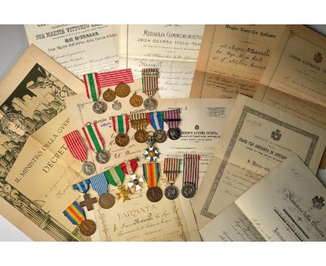 dating: 1870 - 1918 provenance: Italy, Two bars with four decorations each. Epoch: First World War. Three medals of Umberto I