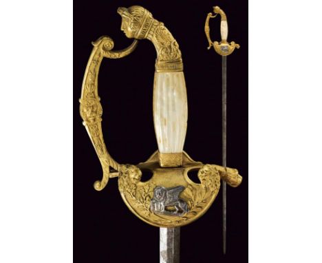 dating: 19th Century provenance: Venice, Blade of hexagonal section. Gilt brass hilt, shell-guard with silver St. Mark's lion