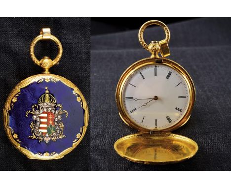 dating: Late 19th Century provenance: Hungary, Made of yellow gold, the front lid lacquered with the Hungarian Royal coat of 