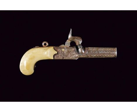 dating: 19th Century provenance: Belgium, Round, smooth, engraved, turn-off, barrel, boxlock-type frame engraved with floral 