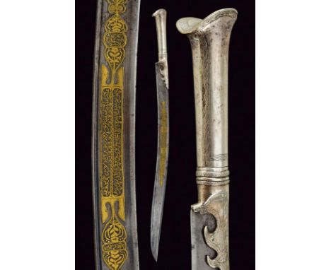 dating: 19th Century provenance: Turkey, Curved, single-edged blade with thin fuller next to the back, long, golden cartouche
