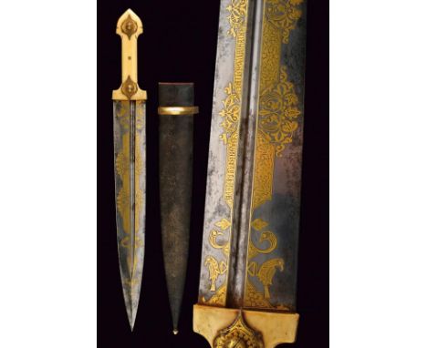 dating: 1844 provenance: Armenia, Double-edged blade with central fuller, decorated with fine gold koftgari decorations with 