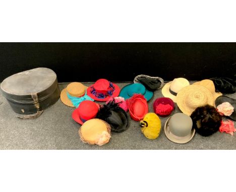 Millinery including a grey Christy's London grey bowler hat size 6 7/8's;  a vintage Kara feather hat various straw boaters, 