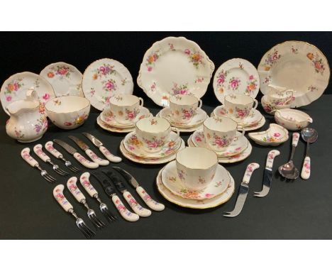 A Royal Crown Derby Posies pattern six setting tea service inc cake plate, cups, saucers, cream and milk jugs, sugar bowl, st