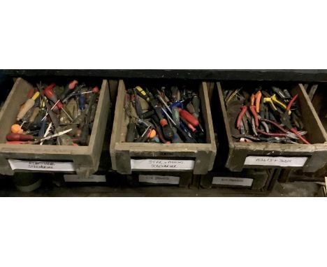 Hand tools in ammunition boxes including screwdrivers, hammers, mason army chisels, pliers, saws etc.This lot must be collect