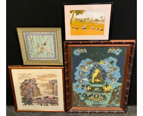 Oriental School, Buddha seated amongst waves with mystical beasts, 59cm x 42cm;  a Chinese silk panel;  etc;  Victorian Schoo