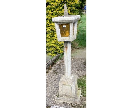 A reconstituted stone garden lamp. 146cm high x 37cm.This lot must be collected from S44 5SU on Friday 23/4/21 between 9.30 -