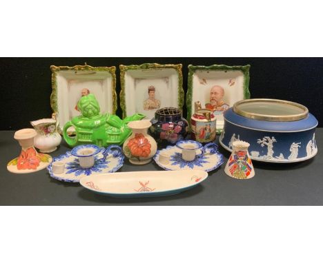 A Moorcroft Hibiscus pattern onion vase and candlestick; Royal Stanley Jacobean ware vase, Sylvac fish bowl, pair of Ironston