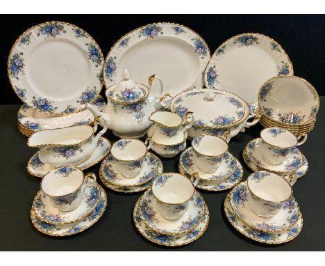 A Royal Albert Moonlight Rose pattern six setting dinner and tea service inc tureen and cover, oval meat platter, cake plate,