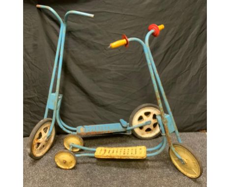 A Vintage 1970s MOBO toys, two wheel scooter, blue tubular metal chassis, white wheels, moulded rubber tyres;  another smalle