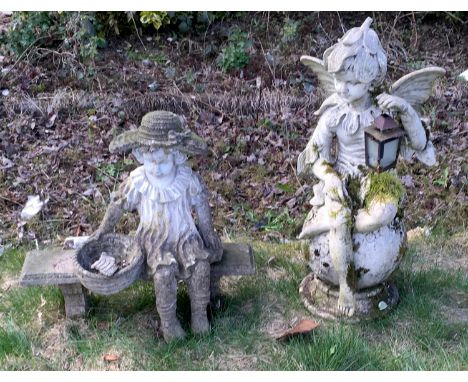 A reconstituted stone girl on a bench (af); a moulded polymer fairy with lantern. 79cm high.This lot must be collected from S