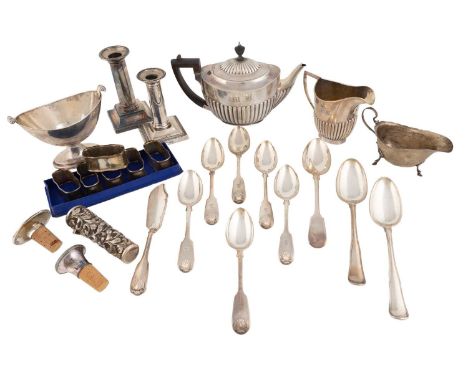 A mixed lot,comprising silver items: a Victorian teapot, by The Barnards, London 1892, a cream jug, a candlestick, a set of s