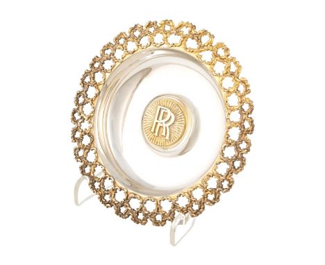 By Stuart Devlin, a parcel-gilt silver Rolls Royce prototype dish, unmarked circa 1973, pierced silver-gilt filigree/lace bor