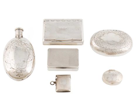 A mixed lot of small silver items,comprising: a Victorian hipflask, by Messrs. Lias, London 1847, of oval form, engraved deco