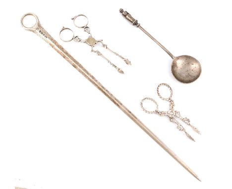 A mixed lot of silver flatware,comprising: a George III meat skewer, by William Summers, bright-cut decoration, engraved with