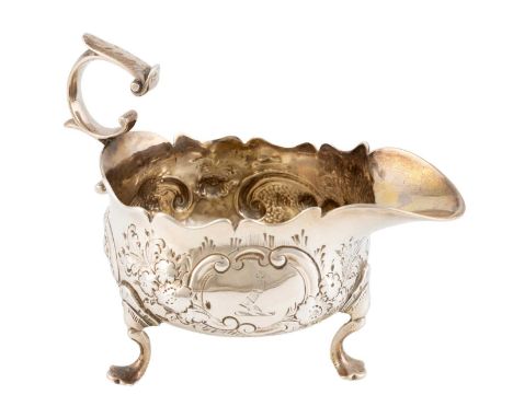 A George II provincial silver cream/small sauce boat, by William Beilby, Newcastle 1757, oval form, embossed foliate decorati