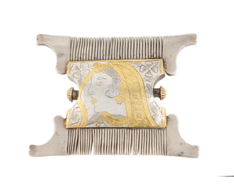 A gilded metalware combination comb and scent flask,unmarked, probably Middle Eastern, 19th century,shaped rectangular form, 