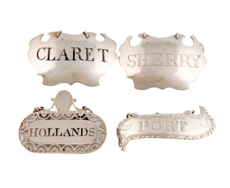 Four George III silver wine labels, by Susanna Barker, London circa 1780-90, comprising: two of escutcheon form, one pierced 