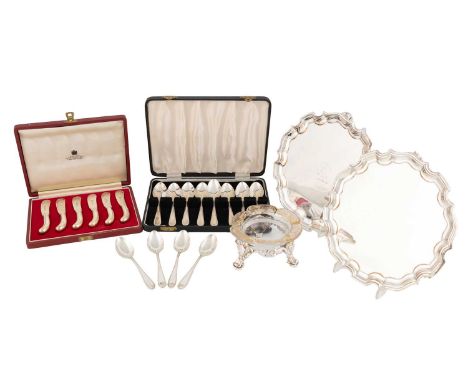 A mixed lot: comprising: a Victorian silver-mounted glass butter dish possibly by William Cooper, London 1852, a set of six s