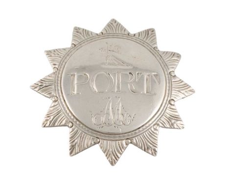 A George III silver wine label, by Susanna Barker, London circa 1790, twelve-pointed star form, engraved border, engraved wit