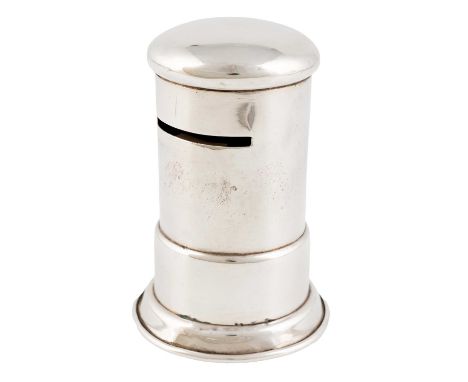 A novelty silver money box/stamp dispenser, by Deakin &amp; Francis Ltd, Birmingham 1916,in the form of a pillar box, pierced