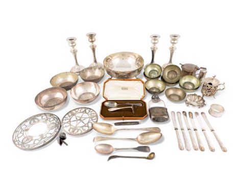 A mixed lot of silver and metalware items,  various dates and makers, comprising: a George IV mustard pot, London 1828, a hip