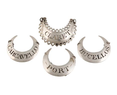 Four George III silver wine labels, by Susanna Barker, London circa 1785, crescent form, pierced 'Carcavello', 'Bucellos' and