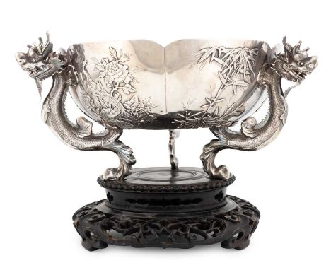 A late-19th/early-20th century Chinese export silver bowl on stand,  by Sui Chang, retailed by Wang Hing, Canton,  lobed circ
