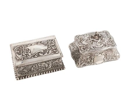 Two American silver stamp boxes,one by Marshall Field &amp; Co., Chicago circa 1910, rounded rectangular form with chased scr