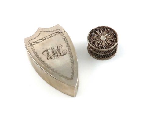 An 18th century silver filigree patch box, unmarked, circular form, foliate decoration, plus an electroplated snuff box, of s