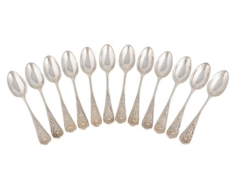 A set of twelve 18th century silver Hanoverian scroll-back teaspoons,marks worn, the terminals with Cupid firing an arrow, wi