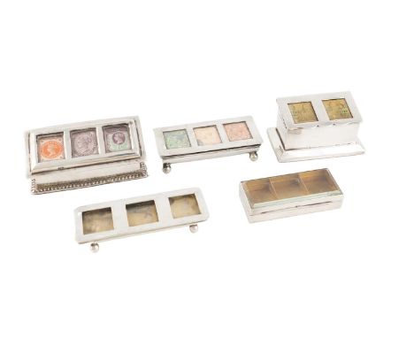 A collection of antique silver stamp boxes, comprising: one by Saunders &amp; Shepherd, Chester 1900, plain rectangular form,