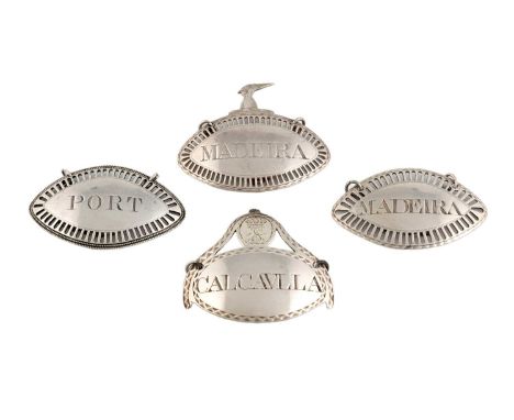 Four George III silver wine labels, by Susanna Barker, London circa 1790, oval navette form, pierced borders, one with mounte